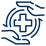 Blue outline of two hands surrounding a medical cross, with curved lines suggesting protection or care. The image symbolizes healthcare, safety, or medical support.