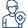 Outline icon of a person with short hair, standing behind a shield featuring a medical cross symbol, representing health protection or healthcare coverage.
