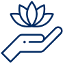 A simple blue outline of a hand facing upward with an open lotus flower above it, symbolizing wellness, care, or mindfulness.